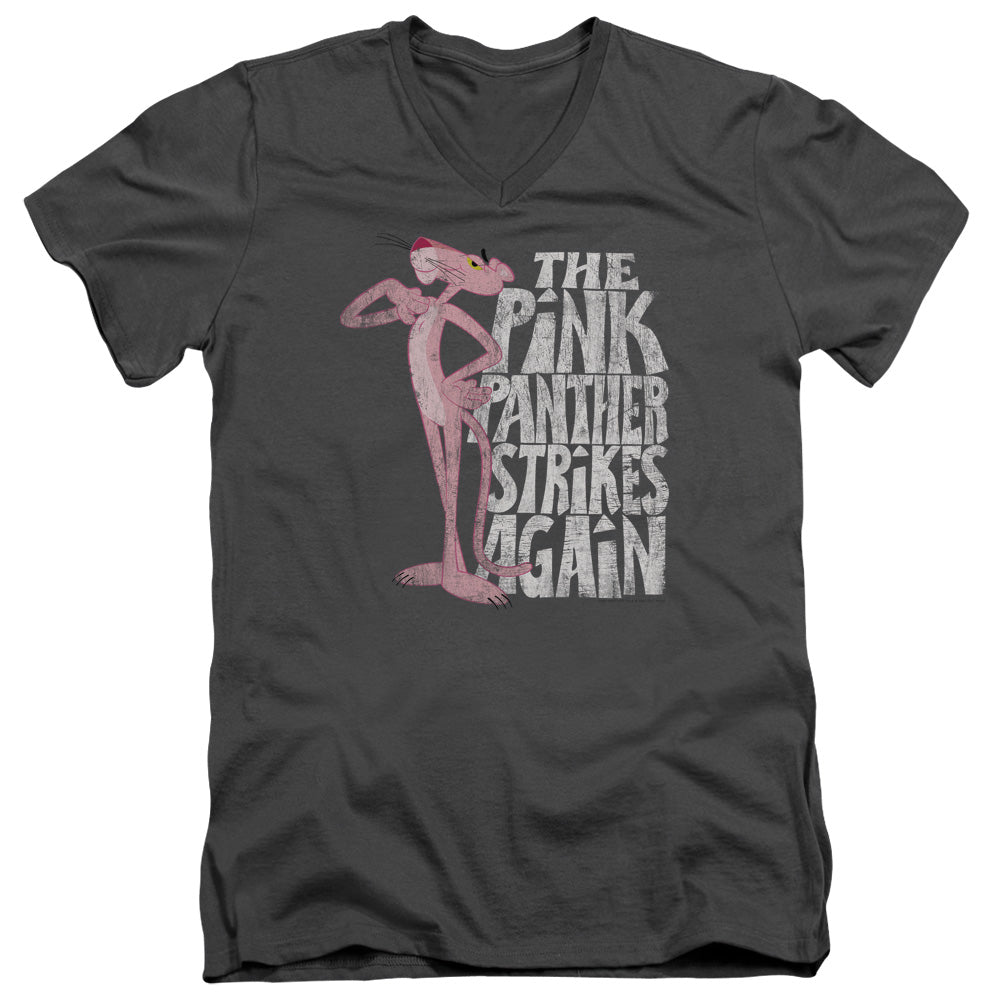 Pink Panther - Strikes Again - Short Sleeve Adult V-neck - Charcoal T-shirt