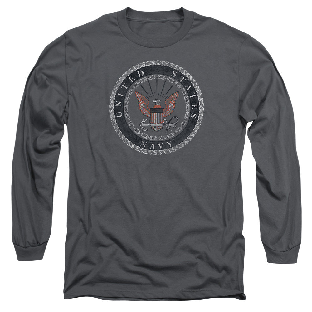 Navy - Rough Emblem - Long Sleeve Adult 18/1 - Charcoal T-shirt