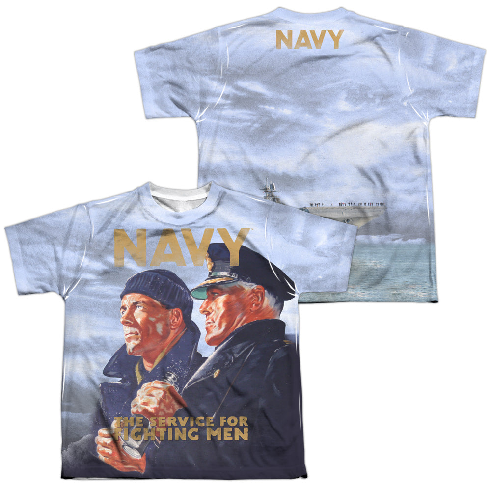 Navy - Long Gaze (Front/back Print) - Short Sleeve Youth Poly Crew - White T-shirt