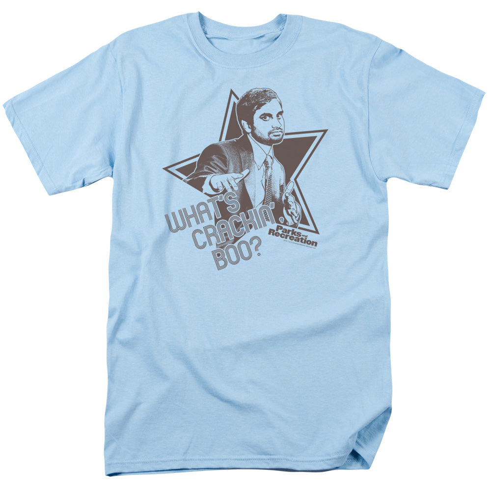 Parks And Rec - Whats Crackin Boo - Short Sleeve Adult 18/1 - Light Blue T-shirt