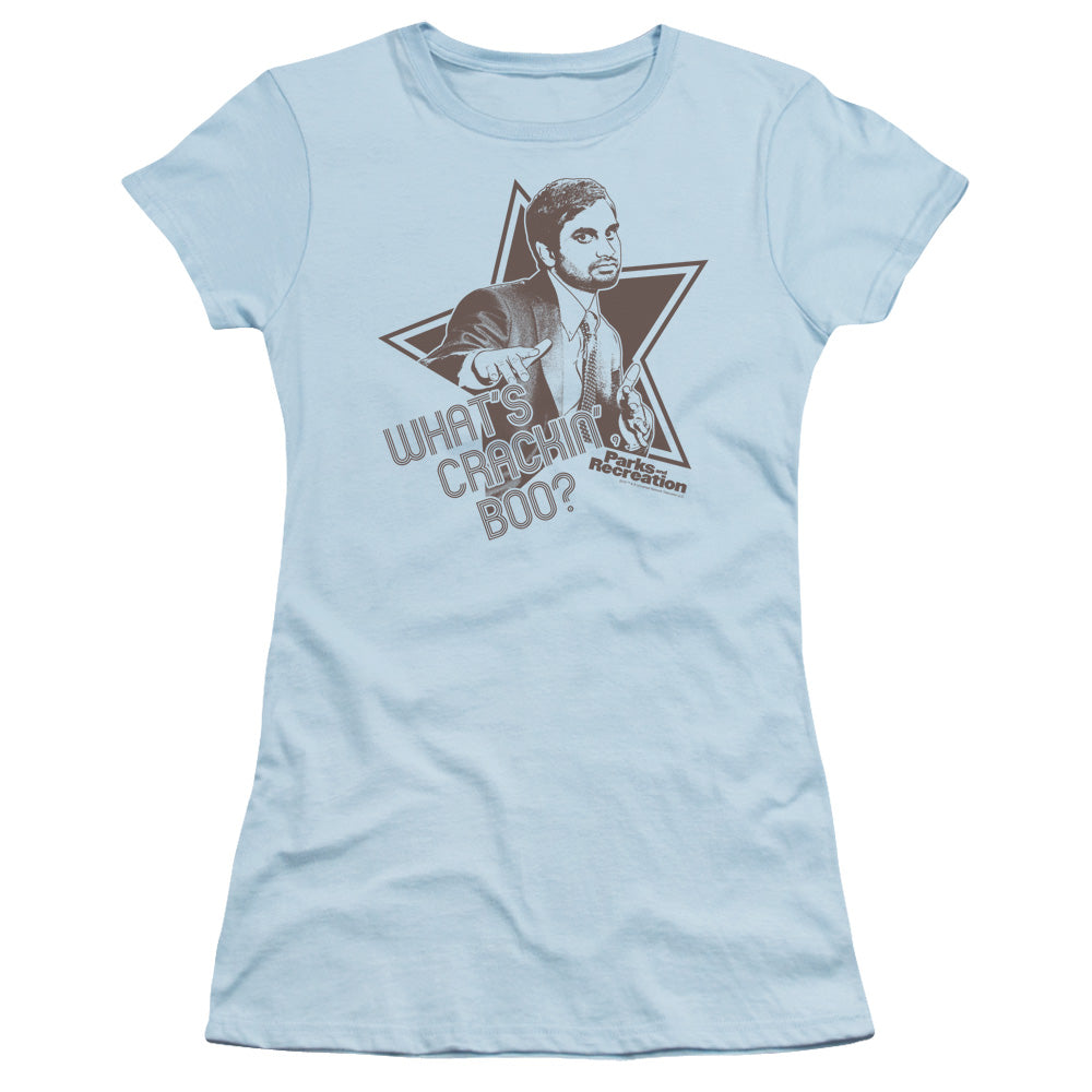 Parks And Rec - Whats Crackin Boo - Short Sleeve Junior Sheer - Light Blue T-shirt