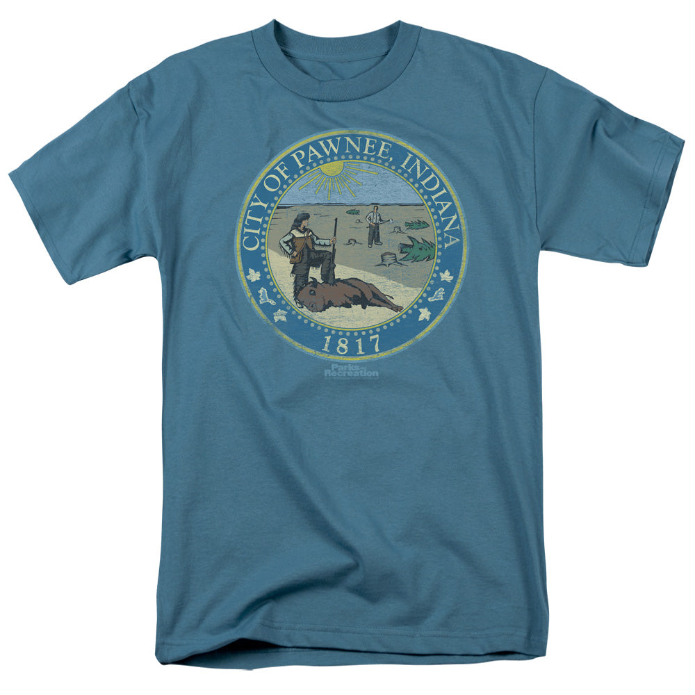 Parks And Rec - Distressed Pawnee Seal - Short Sleeve Adult 18/1 - Slate T-shirt