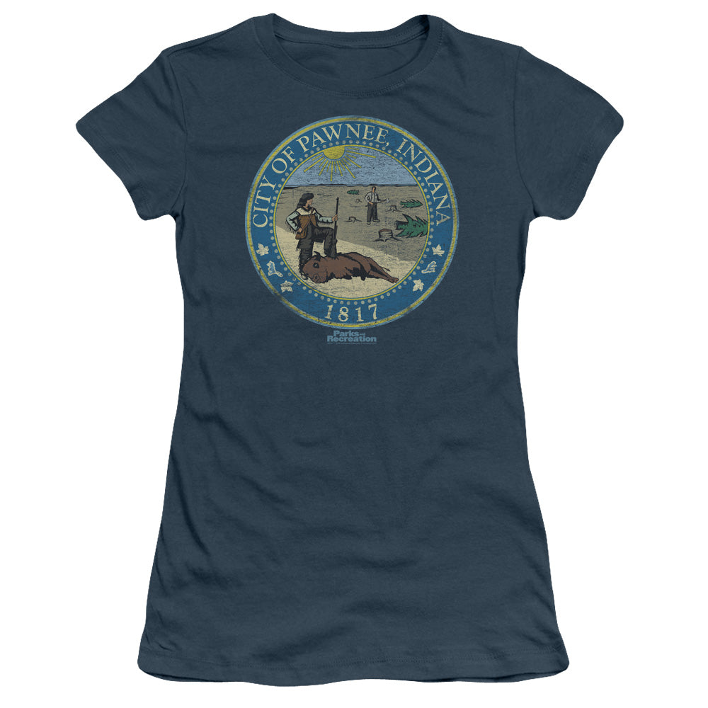 Parks And Rec - Distressed Pawnee Seal - Short Sleeve Junior Sheer - Indigo T-shirt