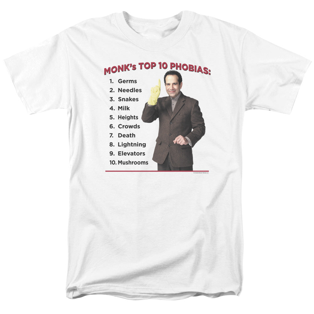 Monk - Top 10 Phobias - Short Sleeve Adult 18/1 - White T-shirt