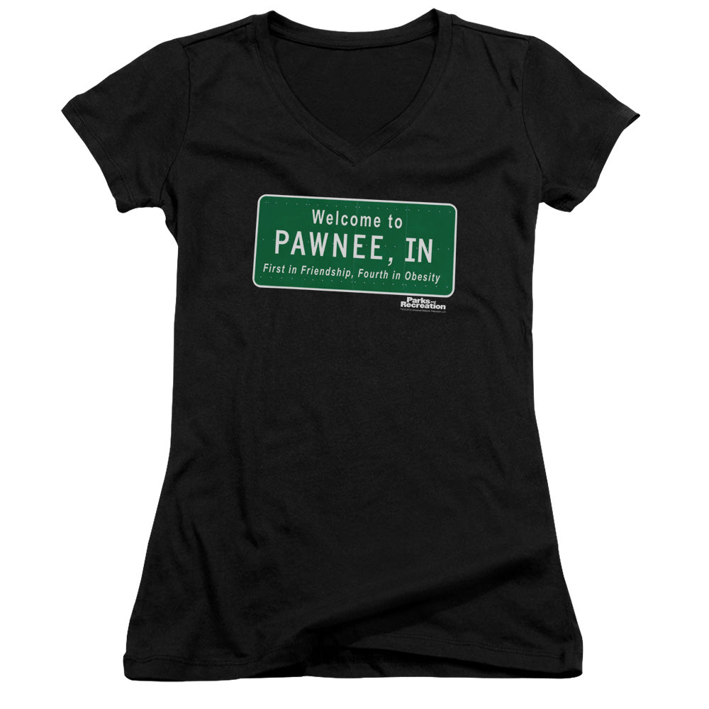 Parks And Rec Pawnee Sign - Junior V-neck - Black