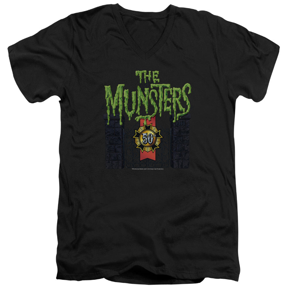 The Munsters - 50 Year Logo - Short Sleeve Adult V-neck 30/1 - Black T-shirt