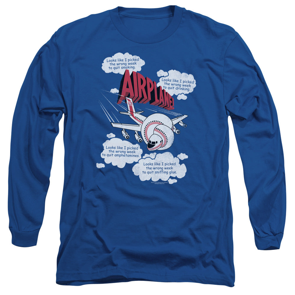 Airplane - Picked The Wrong Day - Long Sleeve Adult 18/1 - Royal Blue T-shirt