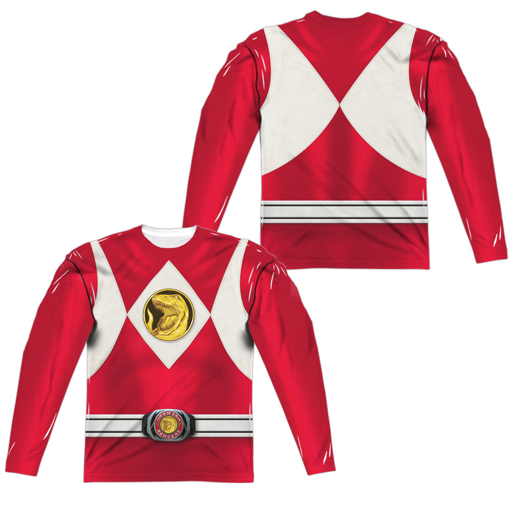 Power Rangers - Red Ranger Emblem (Front/back Print) - Long Sleeve Adult Poly Crew - White T-shirt