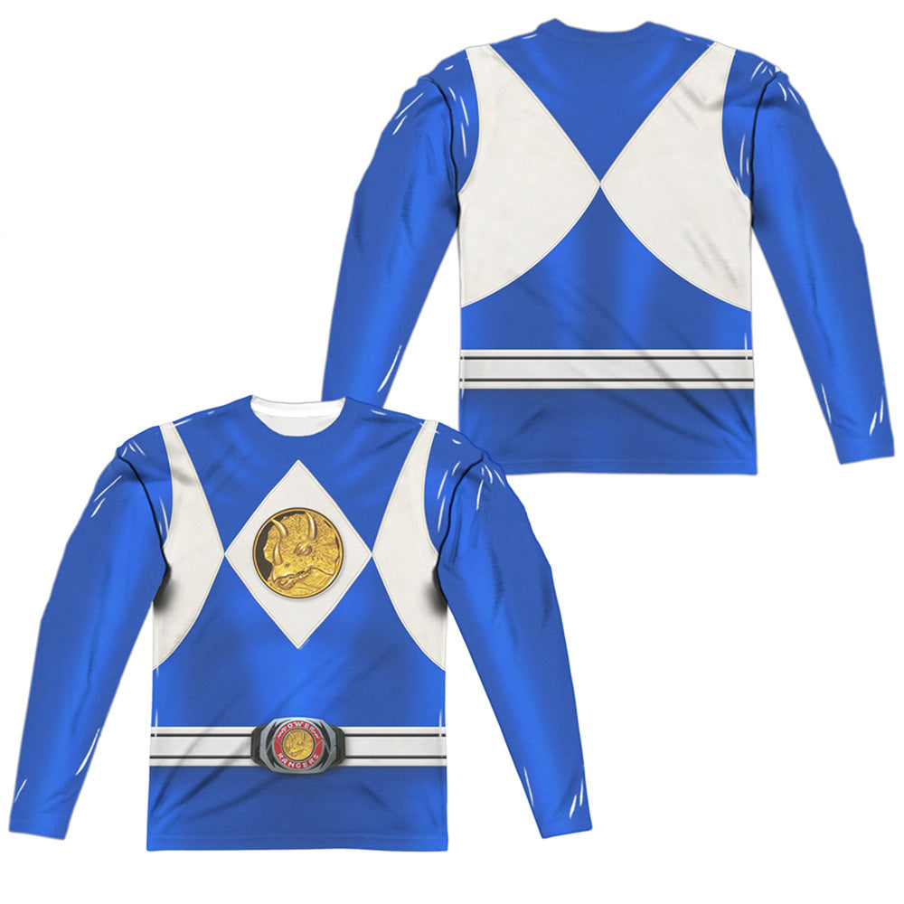 Power Rangers - Blue Ranger Emblem (Front/back Print) - Long Sleeve Adult Poly Crew - White T-shirt