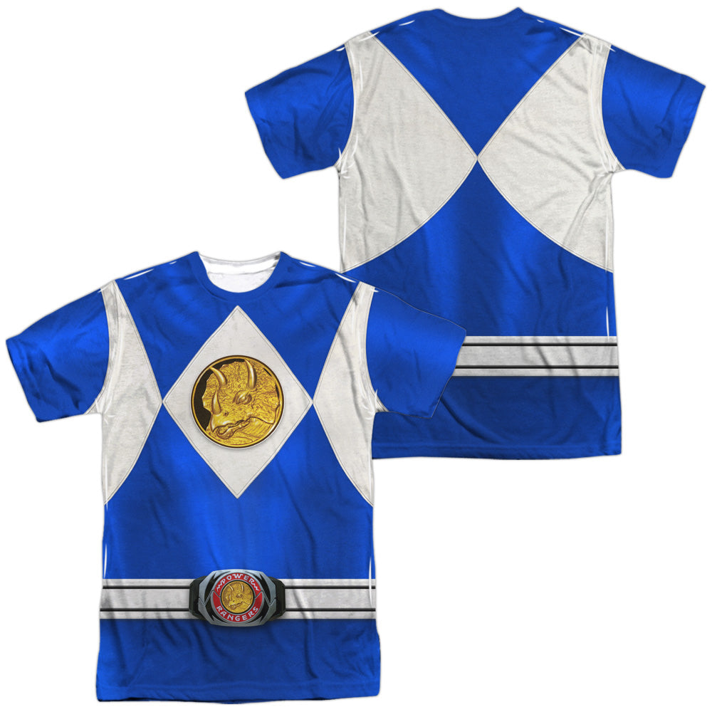 Power Rangers - Blue Ranger Emblem (Front/back Print) - Short Sleeve Adult Poly Crew - White T-shirt