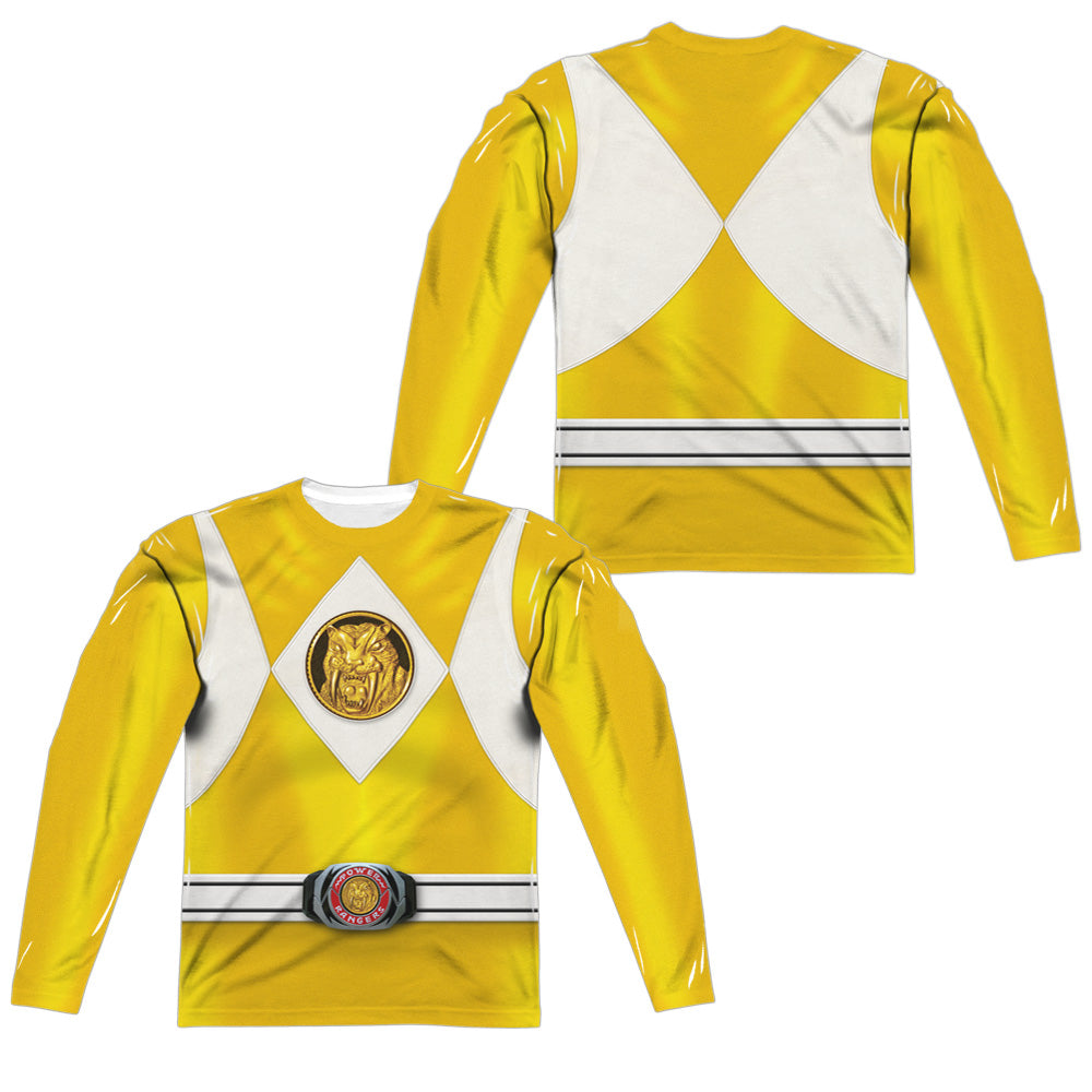 Power Rangers - Yellow Ranger Emblem (Front/back Print) - Long Sleeve Adult Poly Crew - White T-shirt