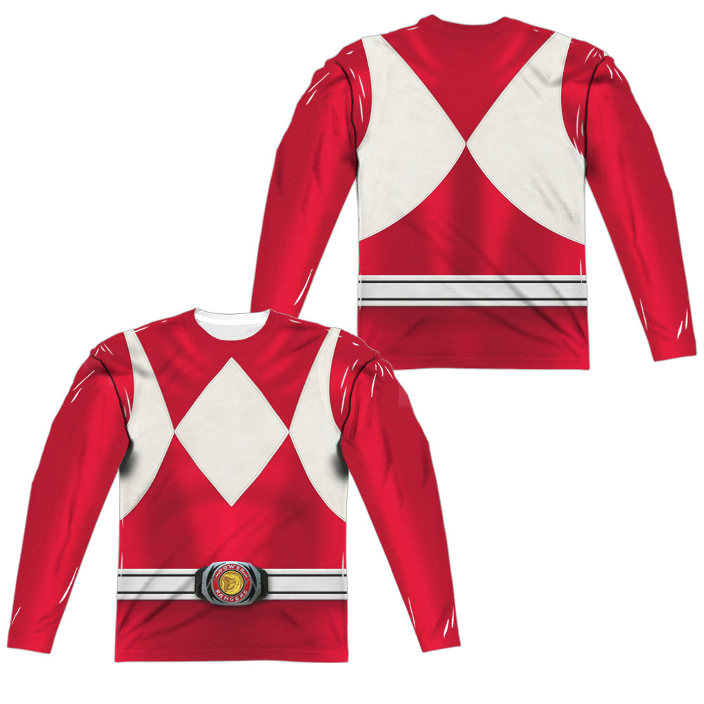 Power Rangers - Red Ranger (Front/back Print) - Long Sleeve Adult Poly Crew - White T-shirt