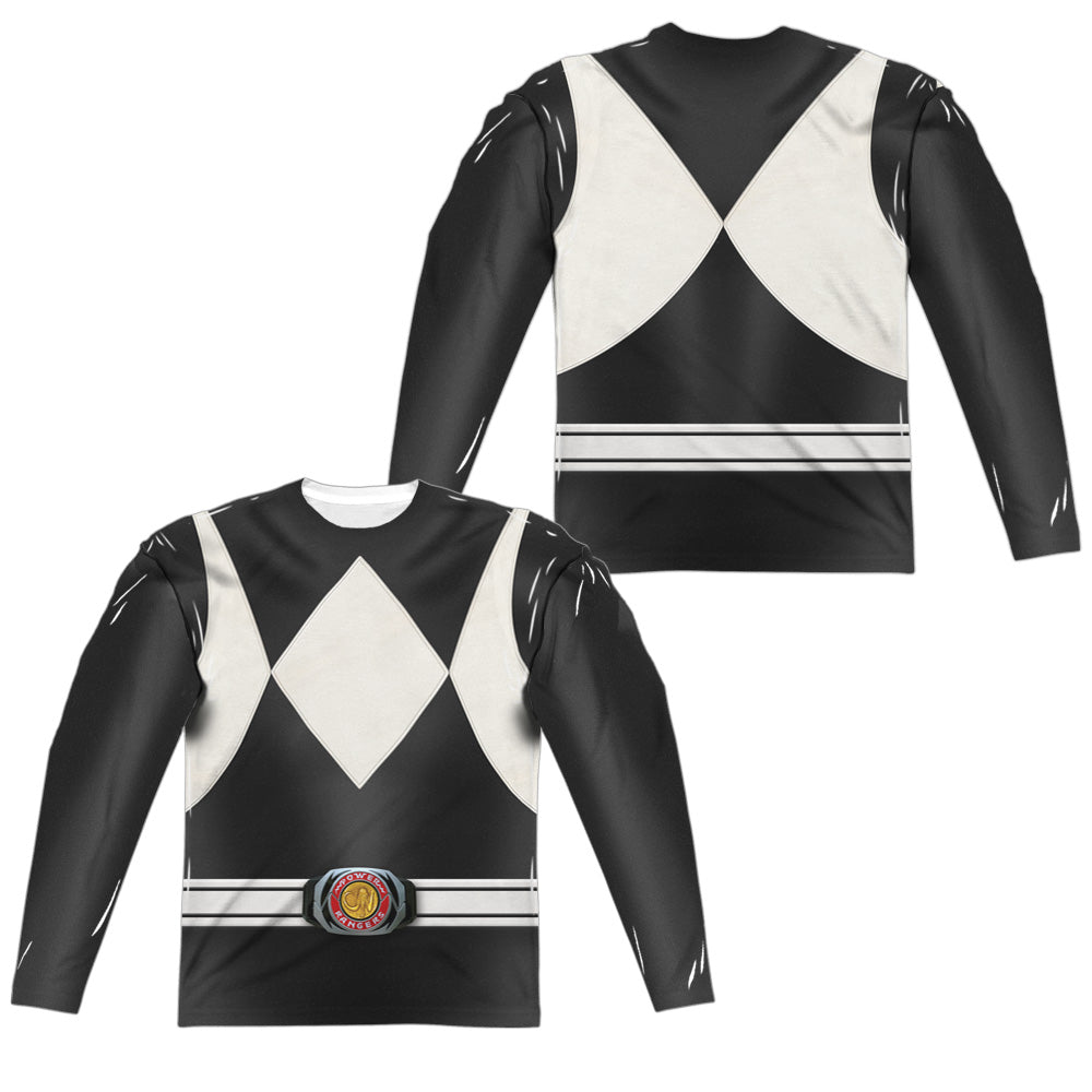 Power Rangers - Black Ranger (Front/back Print) - Long Sleeve Adult Poly Crew - White T-shirt