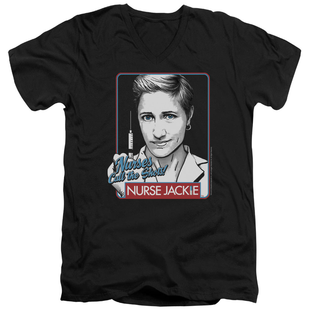 Nurse Jackie - Nurses Call The Shots - Short Sleeve Adult V-neck - Black T-shirt