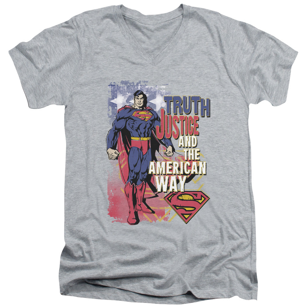 Superman - Truth Justice - Short Sleeve Adult V-neck 30/1 - Athletic Heather T-shirt