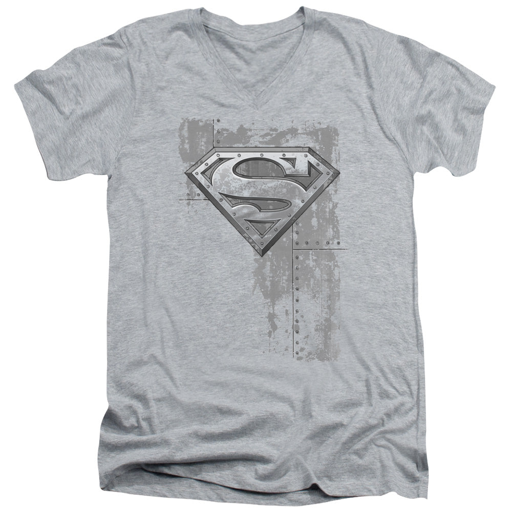 Superman - Riveted Metal - Short Sleeve Adult V-neck - Athletic Heather T-shirt
