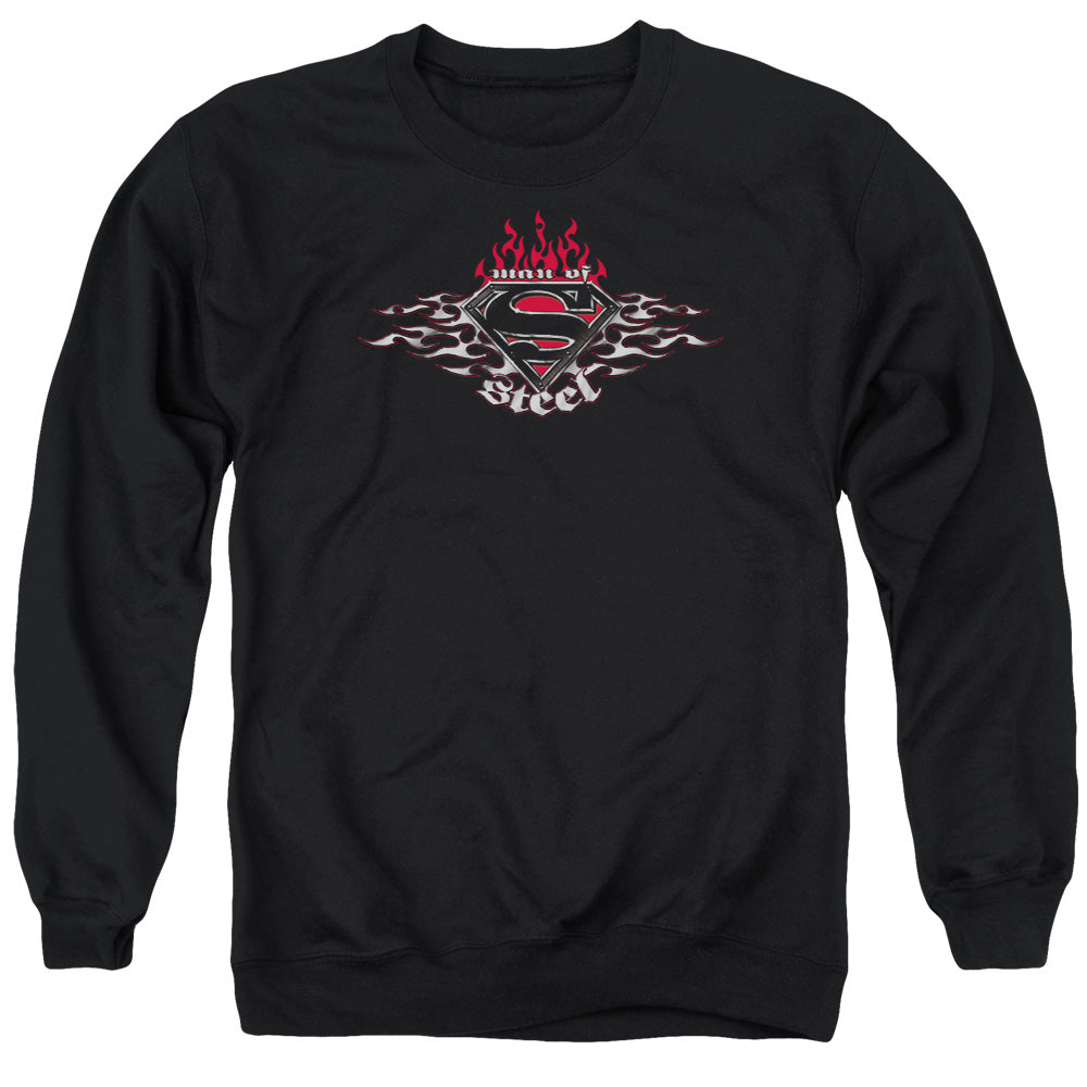 Superman - Steel Flames Shield - Adult Crewneck Sweatshirt - Black