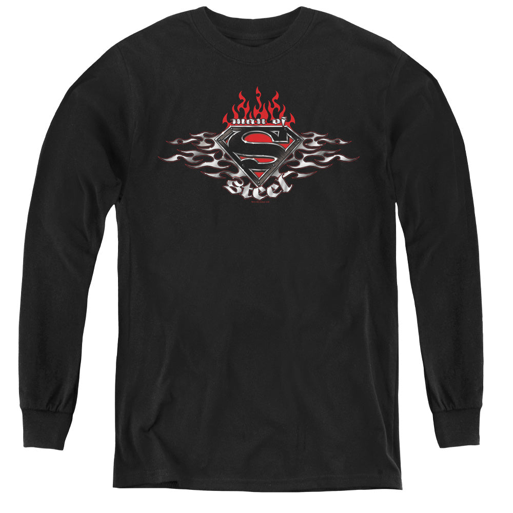 Superman - Steel Flames Shield - Youth Long Sleeve Tee - Black