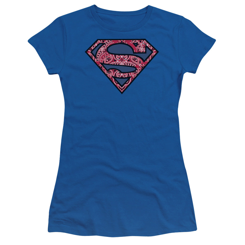 Superman - Paisley Shield - Short Sleeve Junior Sheer - Royal Blue T-shirt