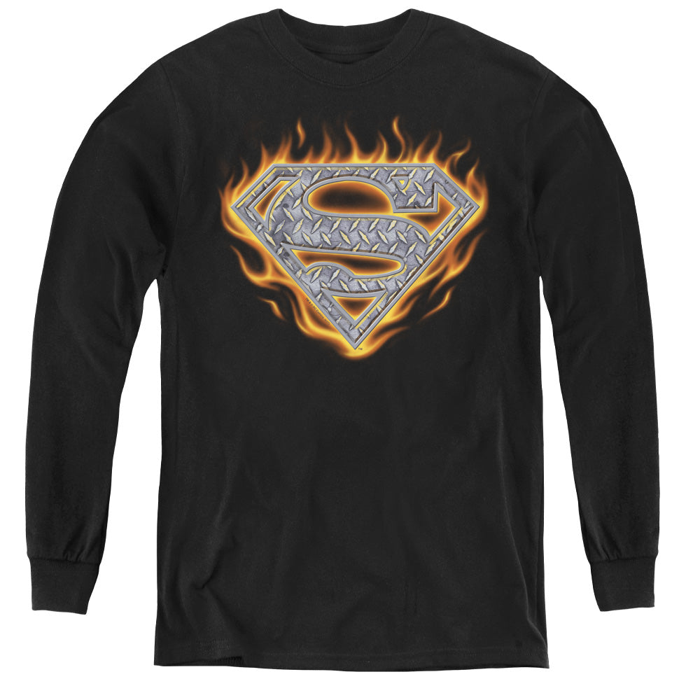 Superman - Steel Fire Shield - Youth Long Sleeve Tee - Black