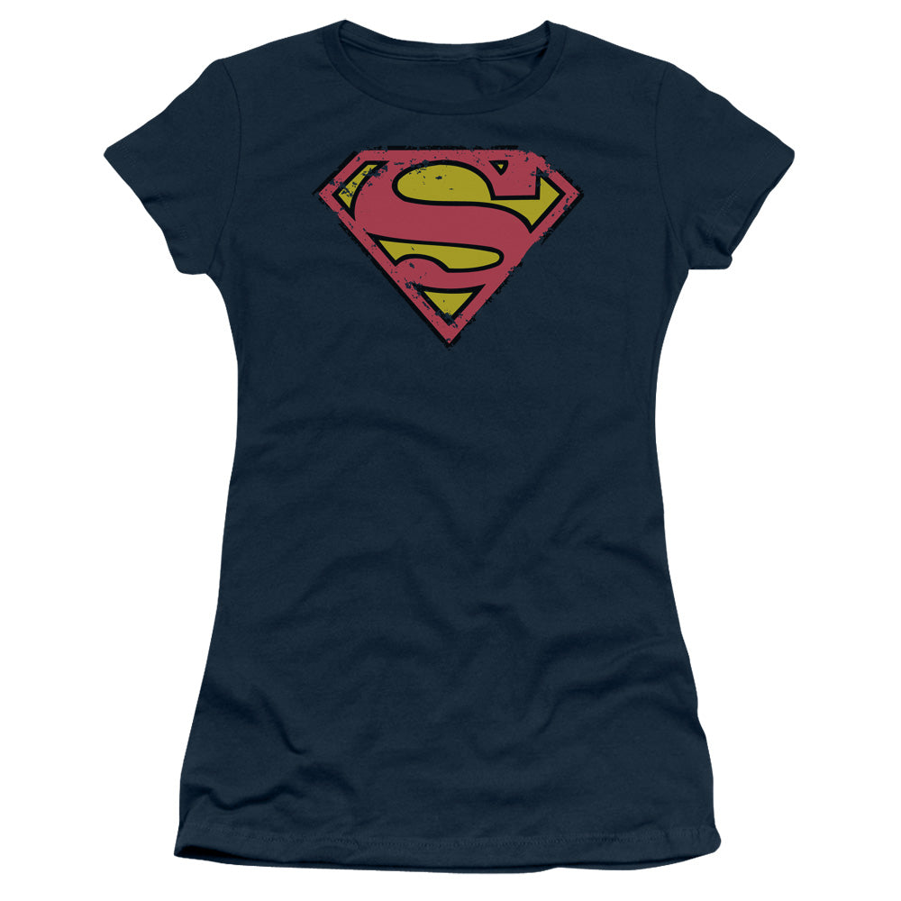 SUPERMAN DISTRESSED SHIELD - S/S JUNIOR SHEER - NAVY T-Shirt