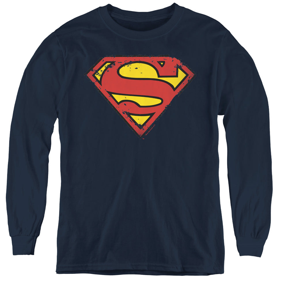 Superman - Distressed Shield - Youth Long Sleeve Tee - Navy