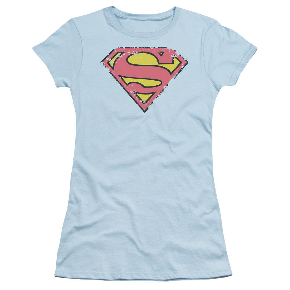 Superman - Distressed Shield - Short Sleeve Junior Sheer - Light Blue T-shirt