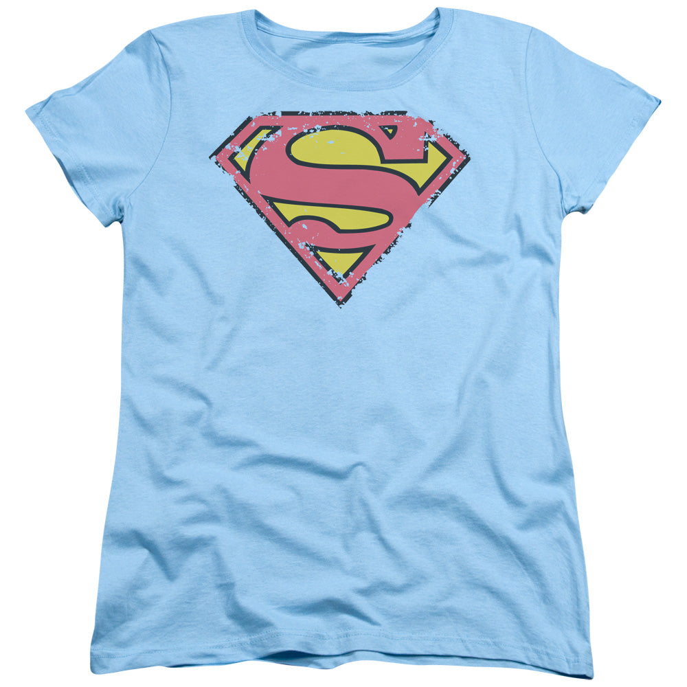 Superman - Distressed Shield - Short Sleeve Womens Tee - Light Blue T-shirt