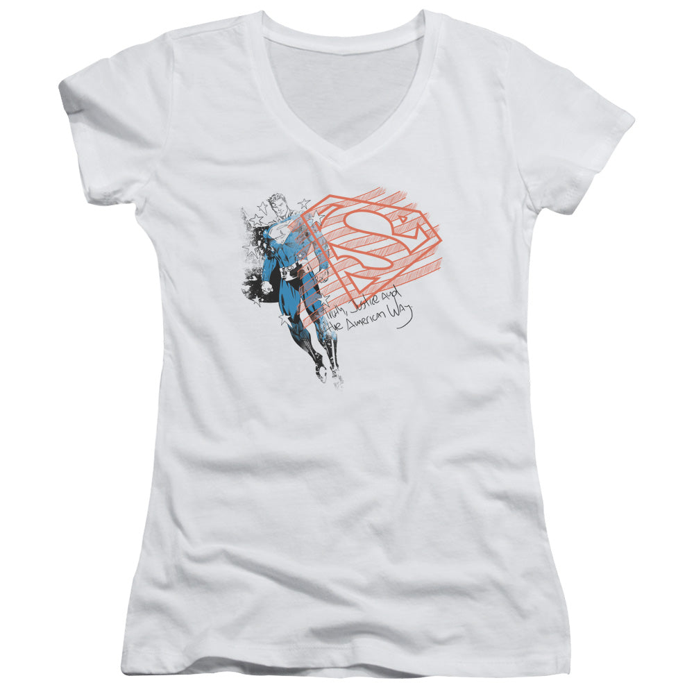 Superman - Super American Flag - Junior V-neck - White