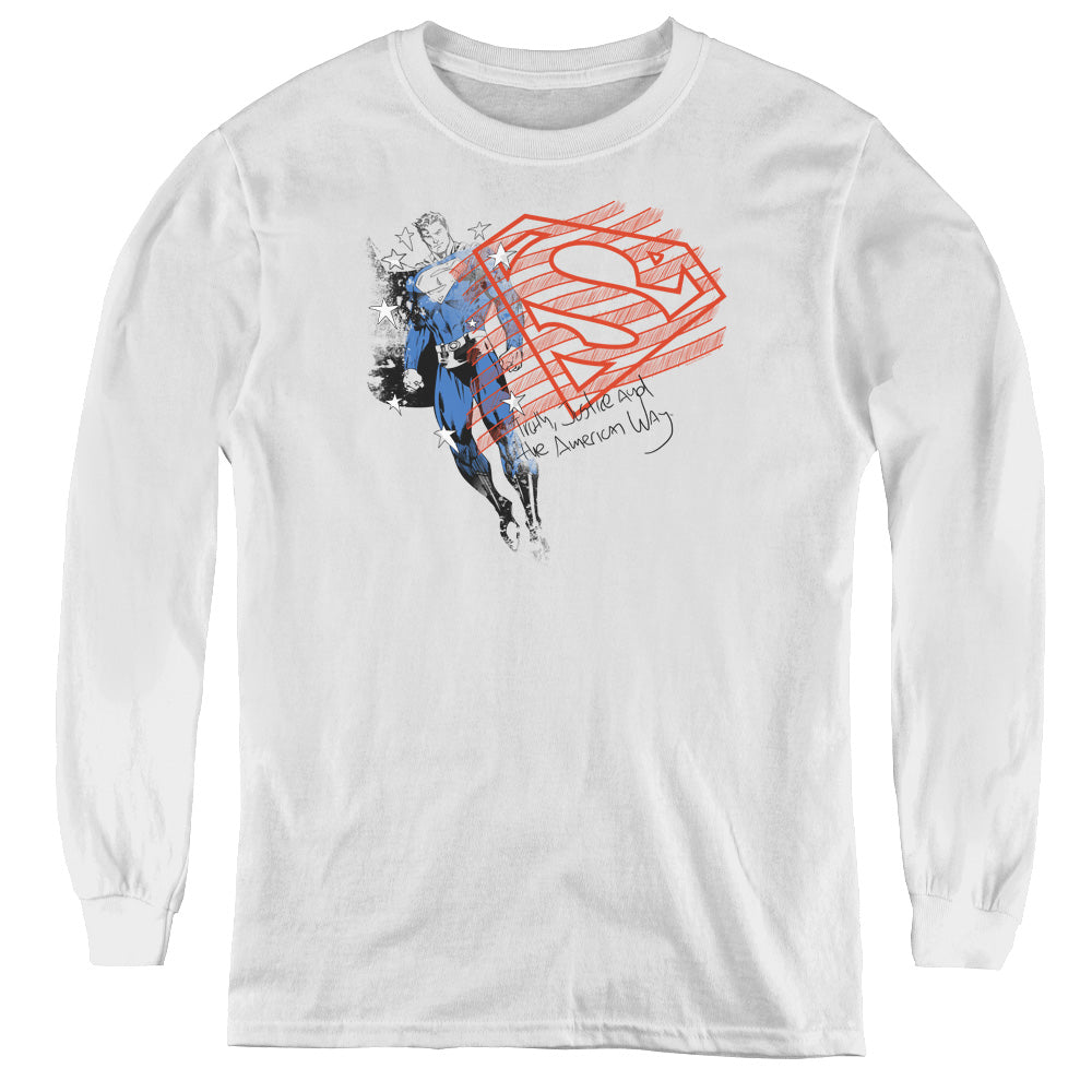 Superman - Super American Flag - Youth Long Sleeve Tee - White