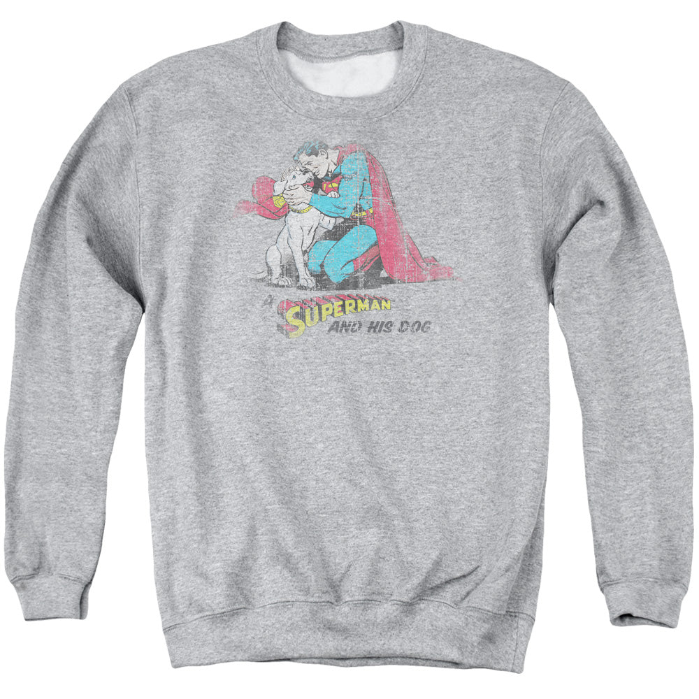 Superman - And His Dog - Adult Crewneck Sweatshirt - Athletic Heather