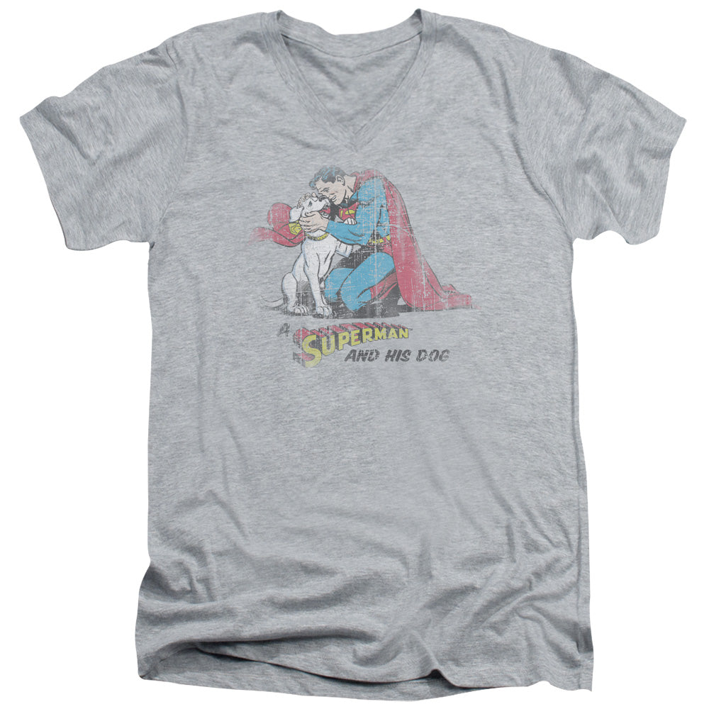 Superman - And His Dog - Short Sleeve Adult V-neck - Athletic Heather T-shirt