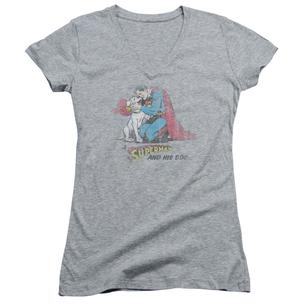 Superman - And His Dog - Junior V-neck - Athletic Heather