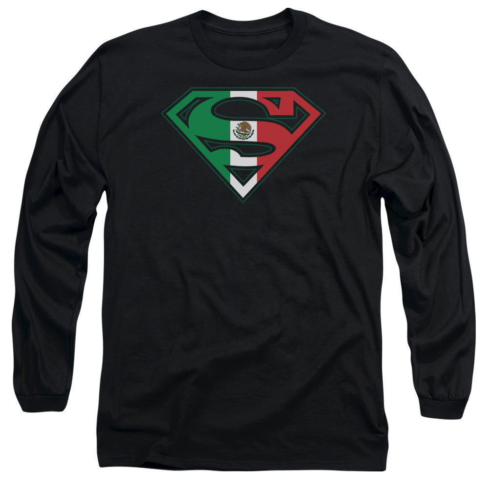 Superman - Mexican Flag Shield - Long Sleeve Adult 18/1 - Black T-shirt