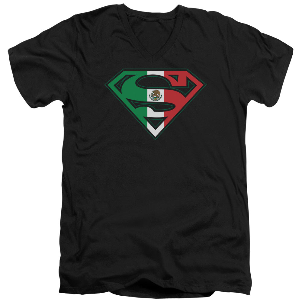 Superman - Mexican Flag Shield - Short Sleeve Adult V-neck 30/1 - Black T-shirt
