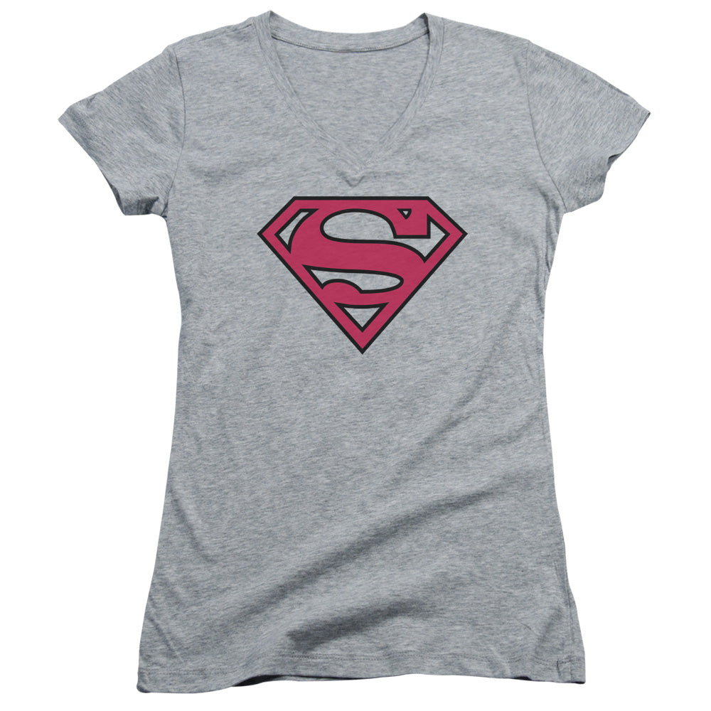 Superman - Red & Black Shield - Junior V-neck - Athletic Heather