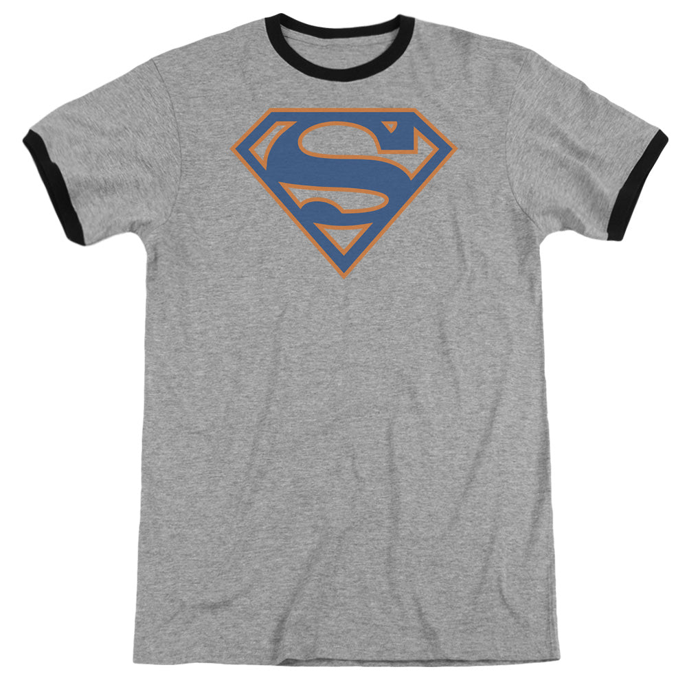 Superman - Blue & Orange Shield - Adult Ringer - Heather/black