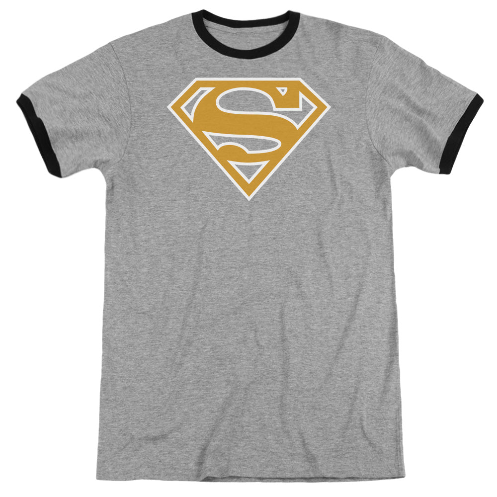 Superman - Lt Orange & White Shield - Adult Ringer - Heather/black