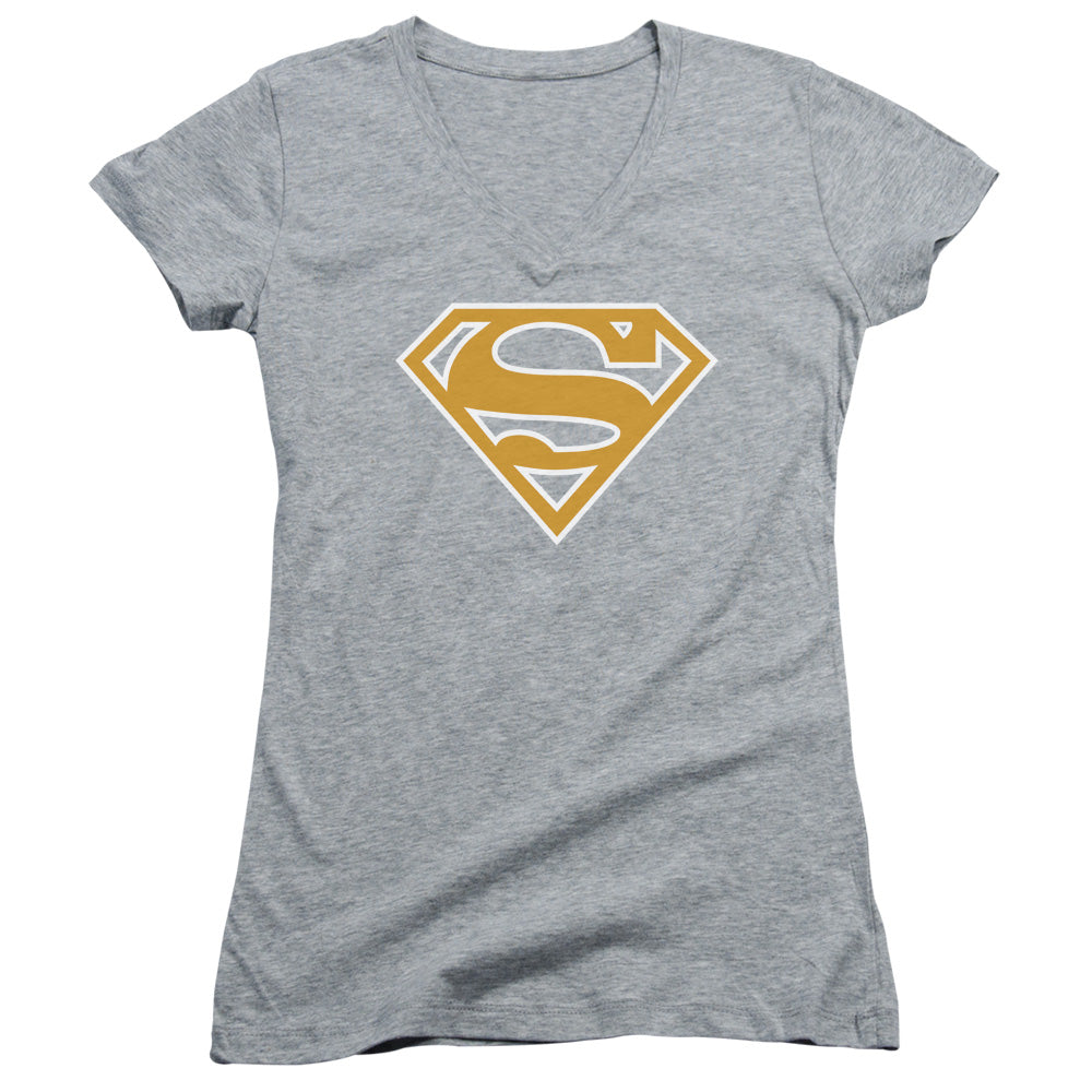 Superman - Lt Orange & White Shield - Junior V-neck - Athletic Heather