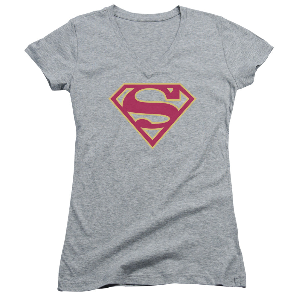 Superman - Red & Gold Shield - Junior V-neck - Athletic Heather