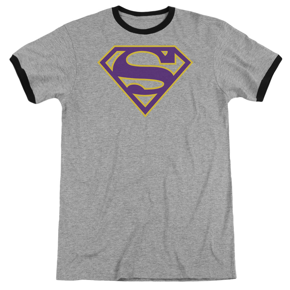 Superman - Purple & Gold Shield - Adult Ringer - Heather/black