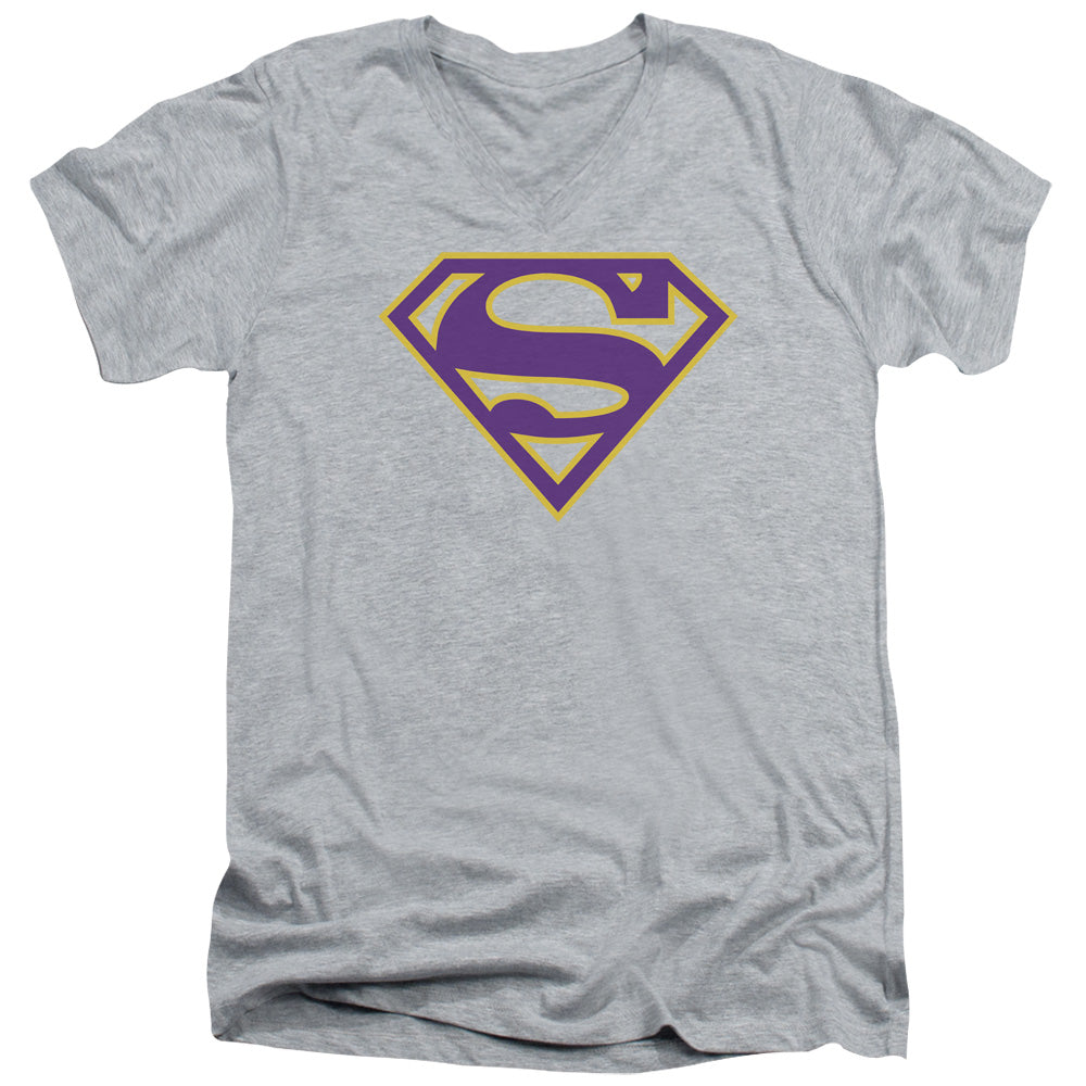 Superman - Purple & Gold Shield - Short Sleeve Adult V-neck - Athletic Heather T-shirt