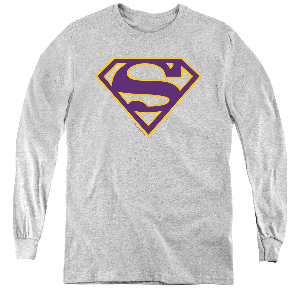 Superman - Purple & Gold Shield - Youth Long Sleeve Tee - Athletic Heather