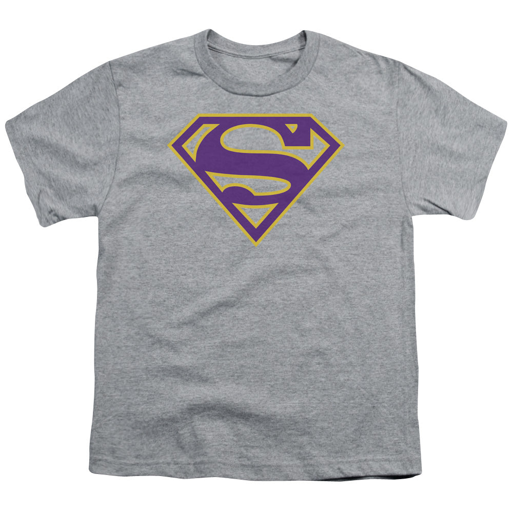 Superman - Purple & Gold Shield - Short Sleeve Youth 18/1 - Athletic Heather T-shirt