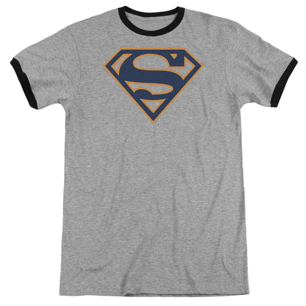 Superman - Navy & Orange Shield - Adult Ringer - Heather/black