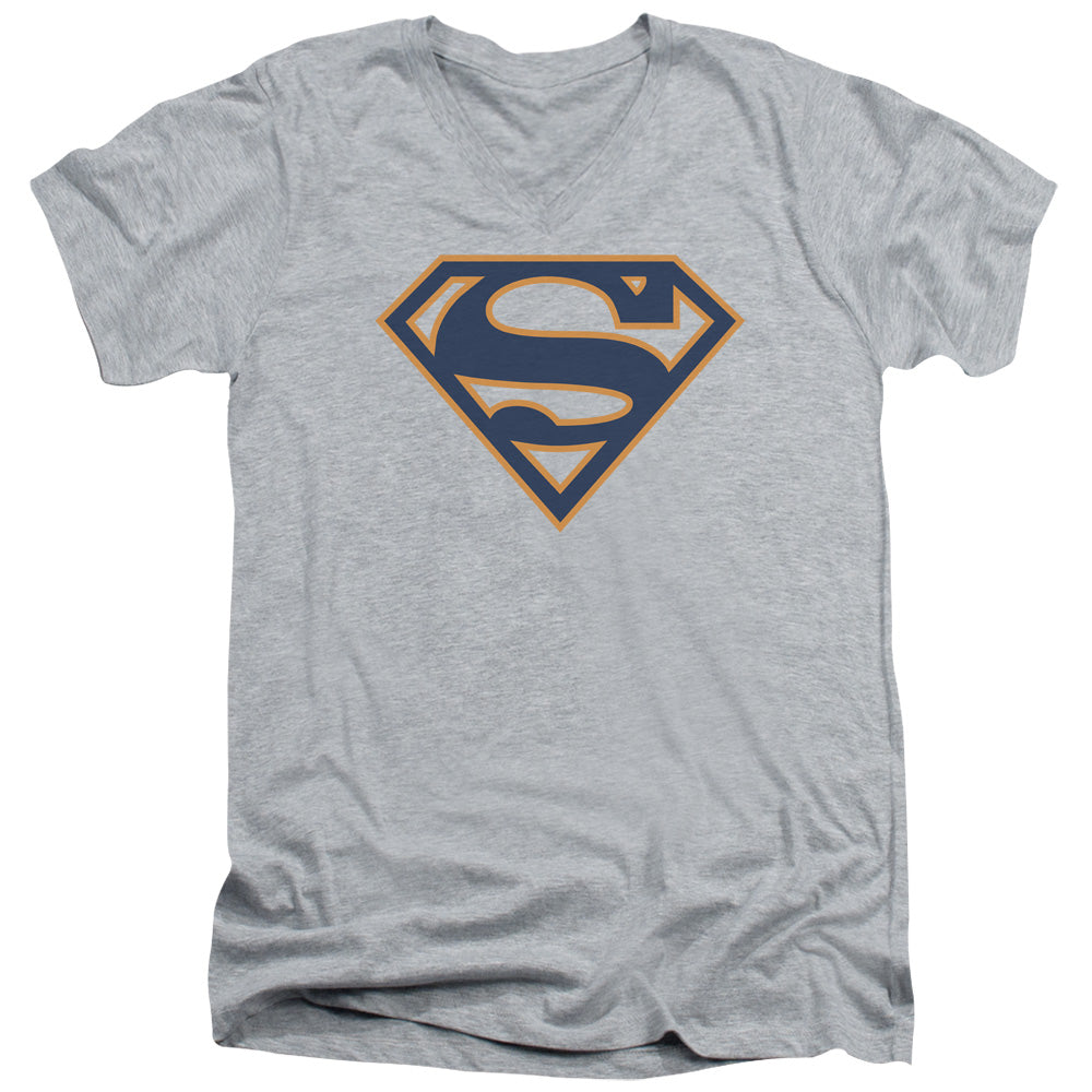 Superman - Navy & Orange Shield - Short Sleeve Adult V-neck - Athletic Heather T-shirt