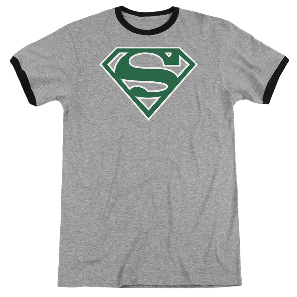 Superman - Green & White Shield - Adult Ringer - Heather/black