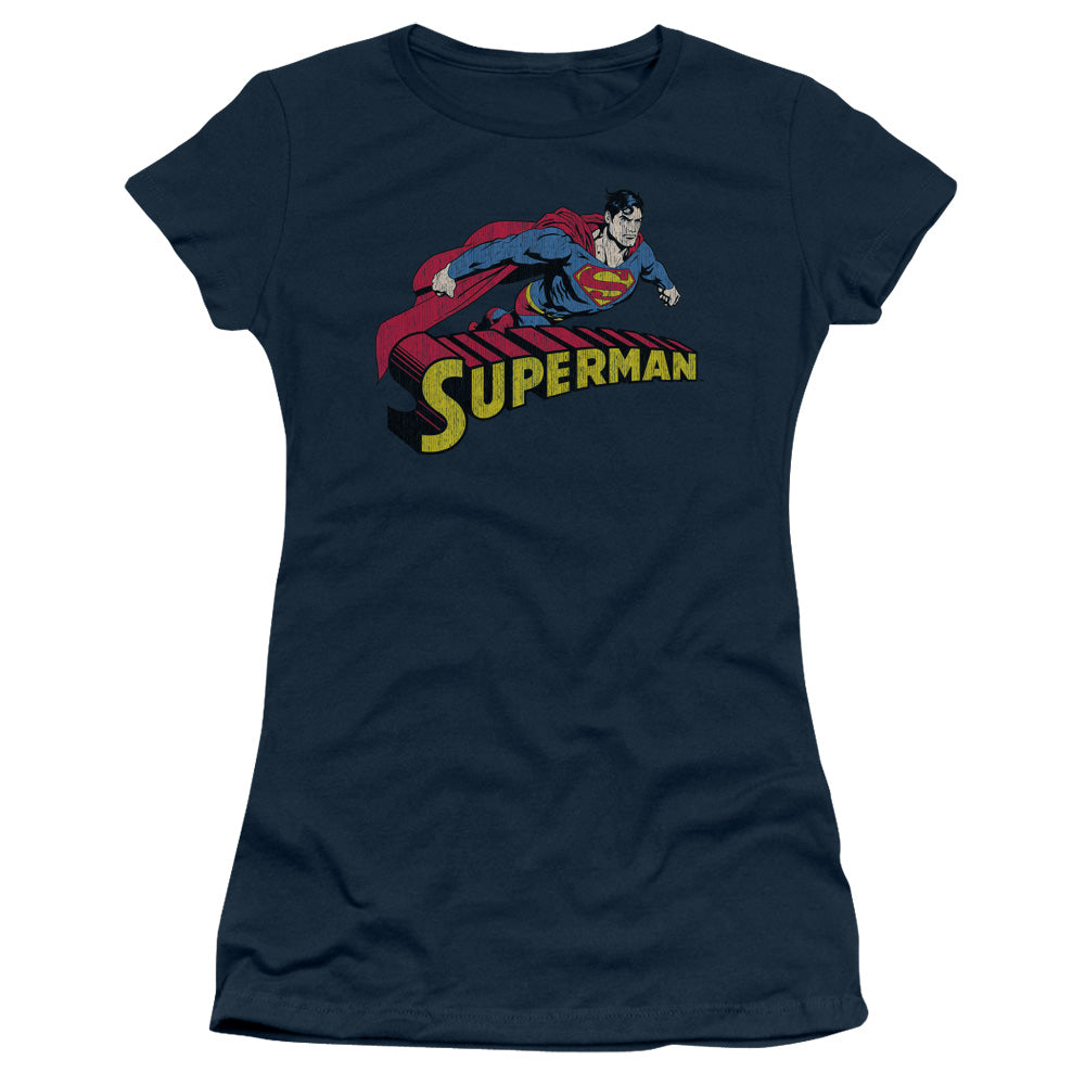 Superman - Flying Over - Short Sleeve Junior Sheer - Navy T-shirt