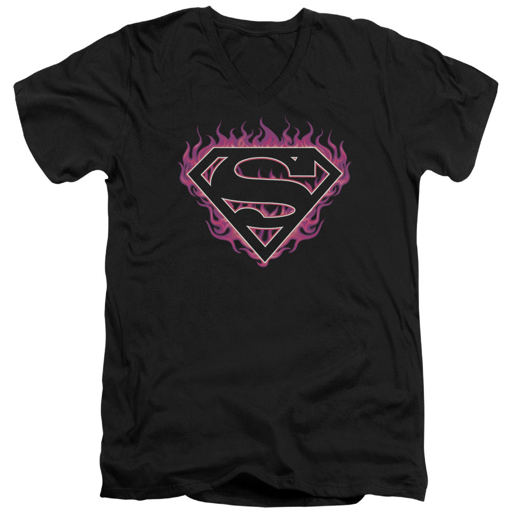 Superman - Fuchsia Flames - Short Sleeve Adult V-neck - Black T-shirt