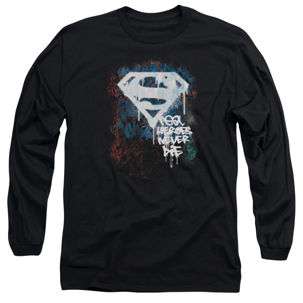 Superman - Real Heroes Never Die - Long Sleeve Adult 18/1 - Black T-shirt